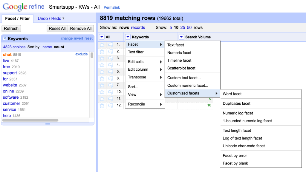 OpenRefine - Word Facet